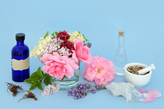 Natural alternative adaptogen herbs and flowers for herbal medicine. Medicinal sedative floral food ingredients with quartz crystal for healing.