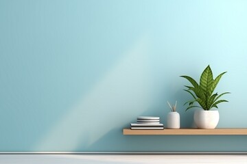 room with green plant. blue colored wall. 