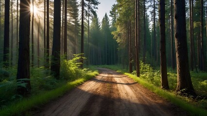 path in the deep green forest - obrazy, fototapety, plakaty