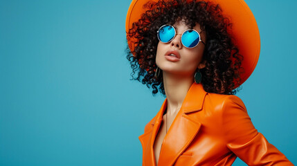Portrait of a glamorous female model in sunglasses, a hat and a bright orange leather suit, with curly hair on a blue background in a gradient style, with copy space for text. Style and high fashion - obrazy, fototapety, plakaty