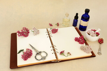Achillea yarrow herb flower preparation. Natural  herbal medicine remedy with notebook, tincture and oil bottles and mortar. Treats hemorrhoids, wounds, bloating, flatulence. On hemp paper. - 754213265