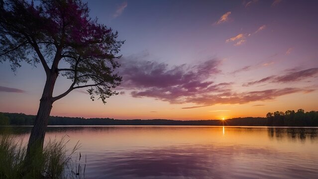 sunset over the lake with pink and blue sky