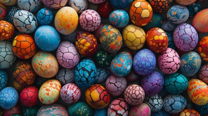 Fototapeta na wymiar Creative background of colorful hand painted Easter eggs. Easter decoration, banner, panorama, background with copy space for text. Happy Easter.