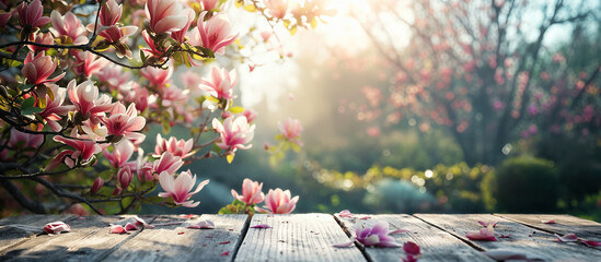 Wooden background with blooming magnolia, floral, spring background. . Generative AI
