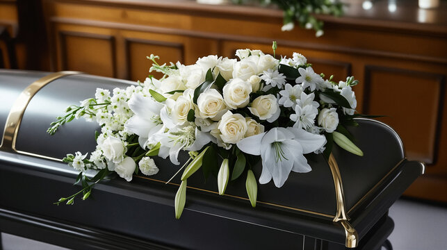 The coffin is decorated with a bouquet of white flowers, a funeral scene. Generative AI