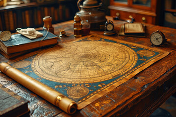 Natal or starry sky map is laid out on a wooden table along with various objects, including books,...