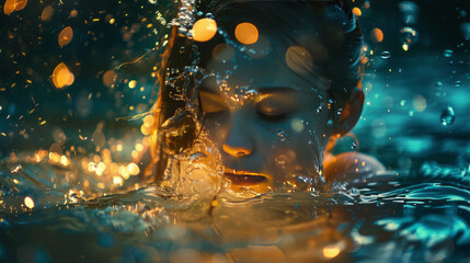 backlit portrait of a girl in water