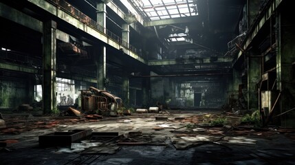 Abandoned ruined industrial building interior.