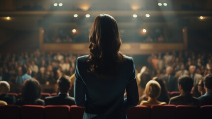 Back view of Woman in business suit giving a speech on the stage in front of the audience