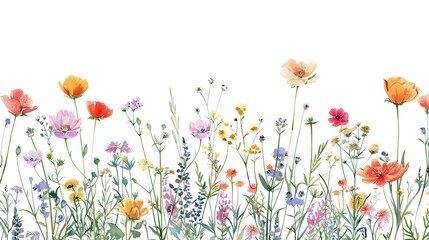 wild flowers at white background , hand drawn botanical illustration, floral background ,generative ai,