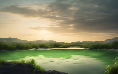 A lifeless, polluted lake with a thick layer of algae covering the surface