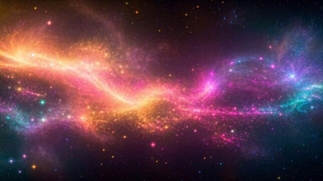 Abstract cosmic view with neon colors swirling among particles 
