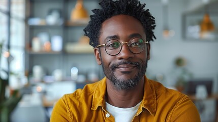A friendly and imaginative individual exudes a creative aura in a smart mustard shirt, framed by a modern office setting