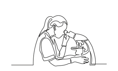 Continuous line drawing of female scientists with a microscope working in the laboratory. Medical Lab research concept line art. Scientist Using Microscope for Analysis Vector Illustration.
