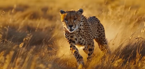 The sheer power and elegance of a cheetah in mid-stride, racing through the golden grasslands of South Africa, each muscle and spot vividly portrayed in stunning.