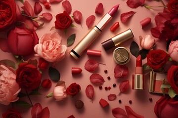 Obraz na płótnie Canvas lipstick and rose petals