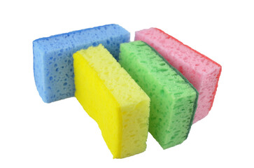 A group of new washing sponges (yellow, green pink and blue) png isolated