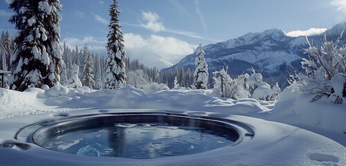 The epitome of winter luxury at a ski resort, featuring a hot tub with spa set against a backdrop of a snow-covered mountain and a serene winter forest. - obrazy, fototapety, plakaty