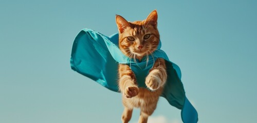 A whimsical scene featuring a cute superhero cat in action, leaping gracefully with its blue cloak billowing behind. - obrazy, fototapety, plakaty