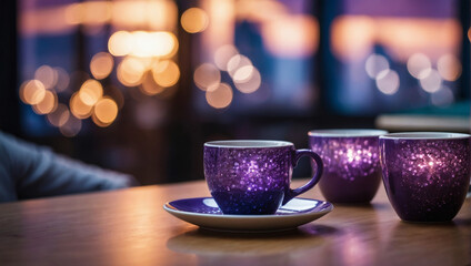 Cups on the table with office workers, enhanced by lavender bokeh lights. - obrazy, fototapety, plakaty
