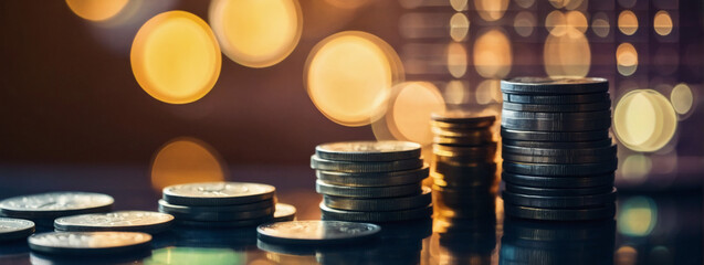 Coins, and financial reports against an economic graph, accented by bokeh lights, epitomizing the essence of finance. - obrazy, fototapety, plakaty