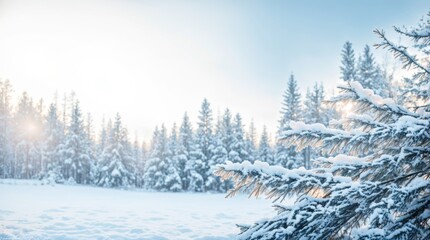 Naklejka premium Gentle winter morning glow illuminates snow-laden fir tree branches 