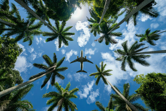 Airplane above rows of tall palm trees on blue sky, view strictly up.