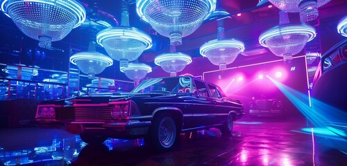 The epitome of retro-cool, a disco ambiance with a vintage car gleaming under the allure of blue and purple neon lights, setting the stage for a lively nightclub scene.