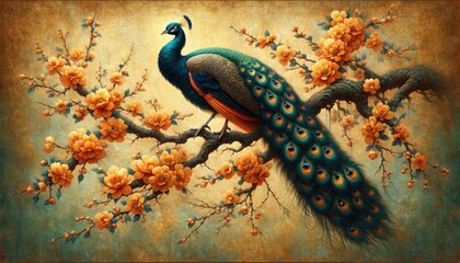 Artistic rendition of a regal peacock perched on a blossoming tree branch, infused with vintage charm and rich colors. - obrazy, fototapety, plakaty