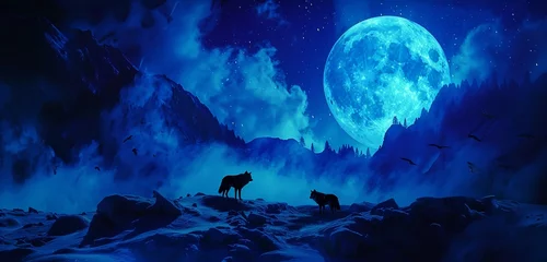 Foto auf Leinwand A dramatic scene of a wolf pack harmonizing their howls beneath a brilliantly illuminated full moon. © Muhammad
