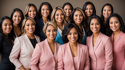 Group of smiling businesswoman in diverse attire poses  - obrazy, fototapety, plakaty