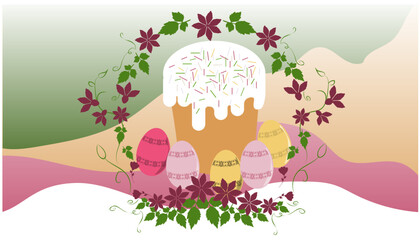 Easter picture with colored eggs and baked goods in a floral frame. Vector illustration for greeting card, banner, poster design