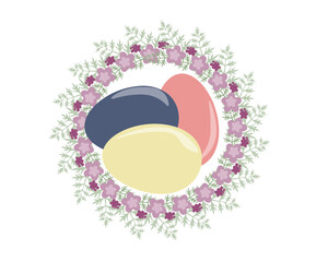 Colored eggs and floral wreath on a light background. Vector illustration for Easter cards, cover, poster design