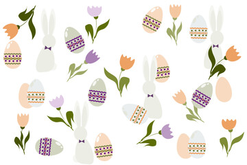 Easter pattern with bunnies, flowers and eggs for holiday card designs, banners, fabric, wallpapers