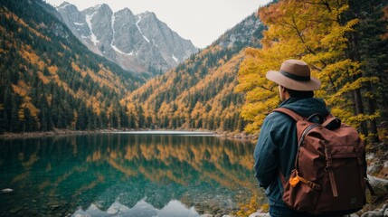Hiker with backpack contemplates serene autumn mountain lake scene 