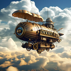 A vintage steam-powered flying machine soaring through the sky.