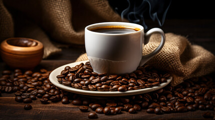 A cup of black coffee or americano with roasted coffee