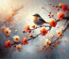 A delicate bird perches on a cherry blossom branch, depicted in an evocative painting with warm tones and a dreamy atmosphere.