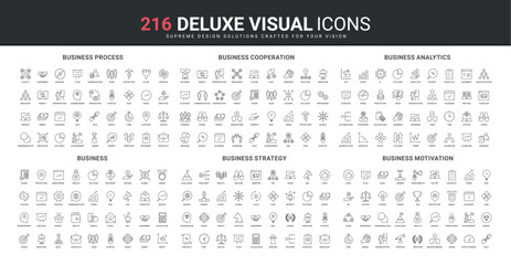 Global trends and vision of business strategy for development and growth line icons set. Process monitoring and analysis, achievement of agreement thin black outline symbols vector illustration