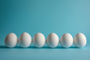 Five white eggs lined up in a row on a blue background with copy space, minimalistic concept