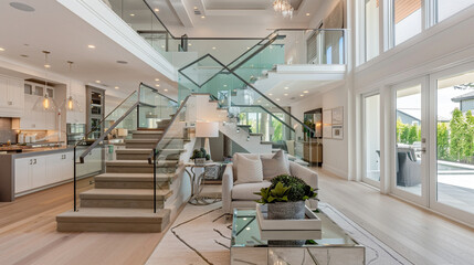 A contemporary staircase adorned with a subtle sage green wood and glass railing.