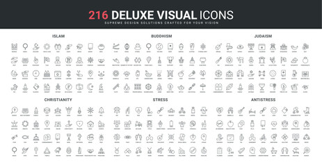Religion, stress and antistress technology, mental health line icons set. Christian, Buddhist, Muslim religious prayer tradition, temple and food, thin black outline symbols vector illustration