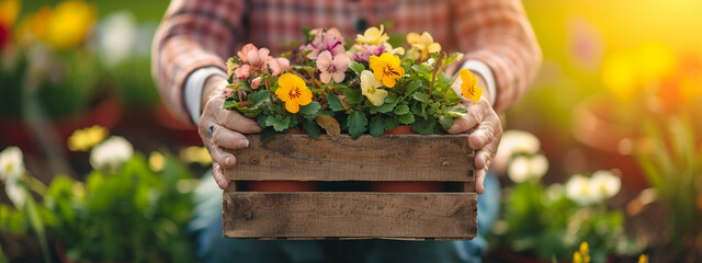 an aged woman holds a wooden box with potted flowers - Powered by Adobe