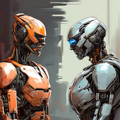 A red and a blue robot standing together, both with glowing eyes and metallic bodies.