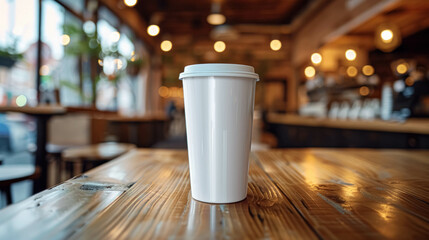 White Blank Tumbler Mockup On A Table In A Restaurant Café. Tumbler Template For Promotion Or Advertising