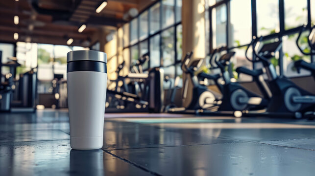 White Blank Tumbler Mockup In A Gym Room For Sports Enthusiasts. Tumbler Template For Promotion Or Advertising