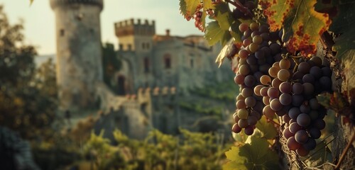 A captivating scene of a medieval castle perched majestically above lush vineyards.