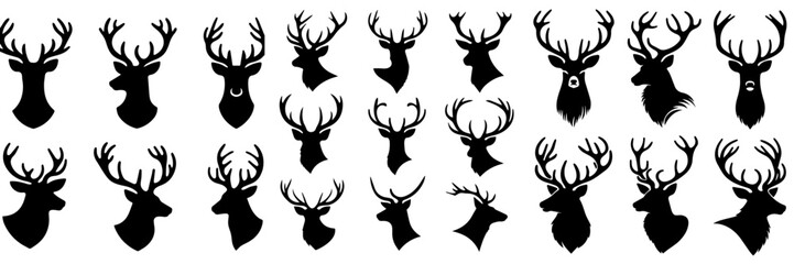 Collection of deer heads in silhouette style - obrazy, fototapety, plakaty
