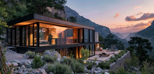 A stunning visual of the modern exterior of a luxury villa, designed in a minimal style with expansive glass walls, situated in the mountains.