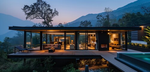 A stunning visual of the modern exterior of a luxury villa, designed in a minimal style with expansive glass walls, situated in the mountains.